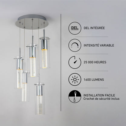 Artika Essence 5-light LED pendant: 1600 lumens, dimmable modern lighting with integrated LEDs—sleek style for any space.