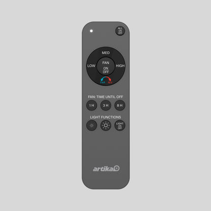 The Artika Replacement Remote Control for Edwin Fan features gray design, buttons for low/medium/high fan speeds, power, timer (1h/3h/8h), light on/off and brightness controls, plus a red reverse button.