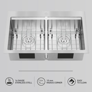 The Artika Newport twin bowl 33 in. stainless steel workstation sink includes metal grids, 16 gauge steel, 10 mm radius corners, and is easy to clean. Icons highlight these features below the sink.