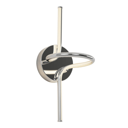 The Artika Swirl LED Sconce is a modern wall light featuring a circular chrome base and a twisted, looped LED tube with a sleek, reflective metallic finish and minimalist design.