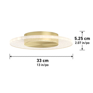 The Artika Essence Disk LED flush mount is a round, gold-colored ceiling light with a frosted edge, measuring 33 cm (13 in) in diameter and 5.25 cm (2.07 in) high. Measurements are shown with arrows.