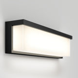 A modern, rectangular wall sconce with a black frame and a frosted white light panel, mounted on a plain light gray wall.