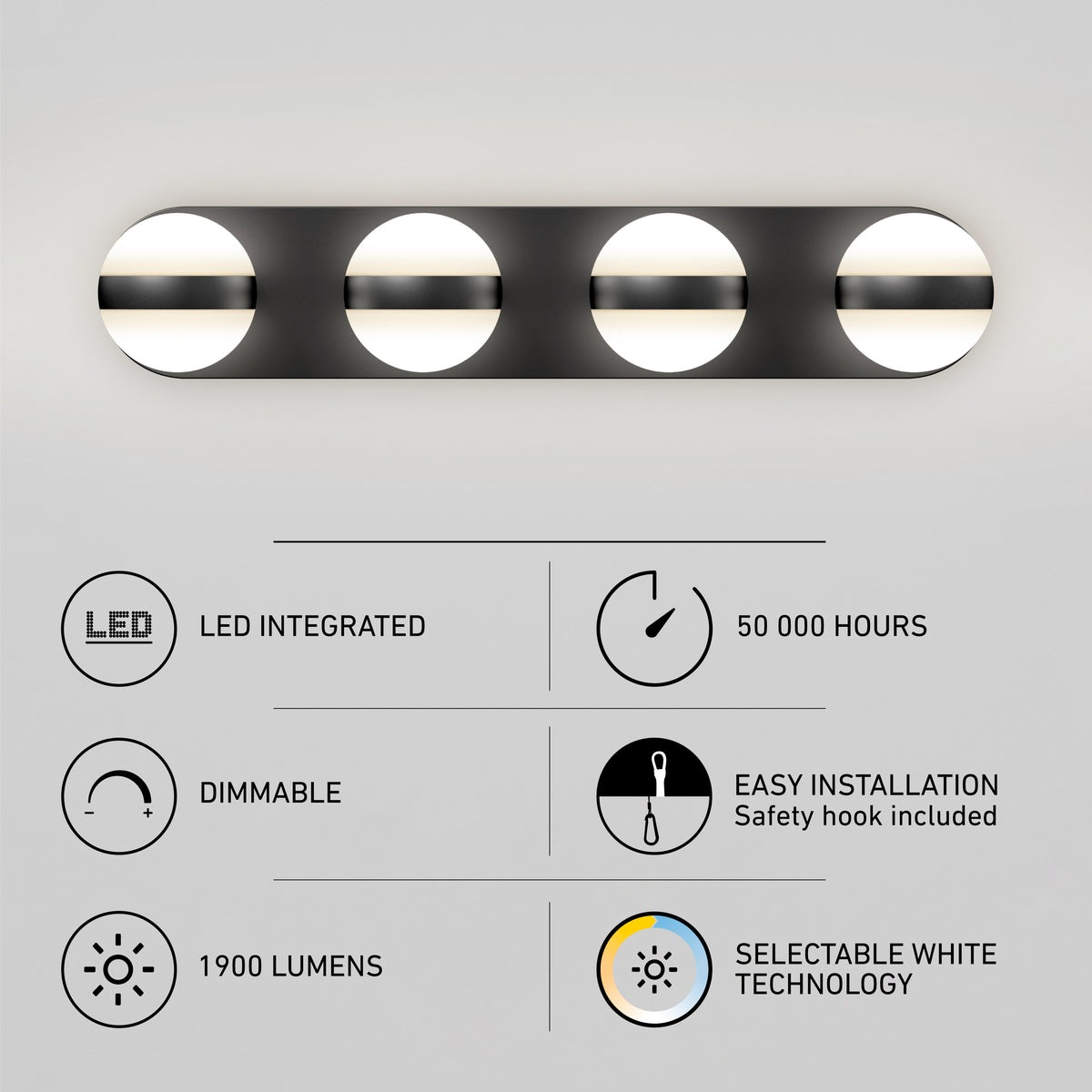 Artika Baldric LED modern vanity light, 4-globe, 1900 lm, dimmable, 3 CCT, easy to install.
