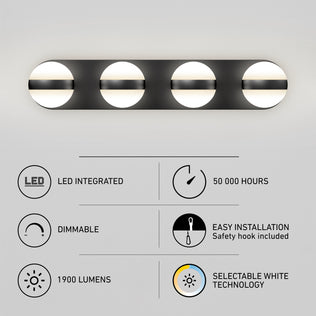 Artika Baldric LED modern vanity light, 4-globe, 1900 lm, dimmable, 3 CCT, easy to install.