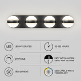 A modern four-light wall fixture is shown above icons and text highlighting features: LED integrated, 50,000 hours lifespan, dimmable, easy installation, 1900 lumens, and selectable white technology.