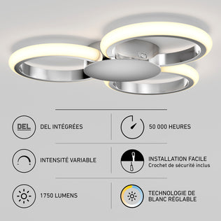 The Artika Nyala 15 in. LED flush mount light 5CCT features three circular LED rings, a central base, dimmable brightness, 1750 lumens, easy installation, and a 50,000-hour lifespan—all highlighted with icons and French text.