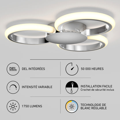 The Artika Nyala 15 in. LED flush mount light 5CCT features three circular LED rings, a central base, dimmable brightness, 1750 lumens, easy installation, and a 50,000-hour lifespan—all highlighted with icons and French text.