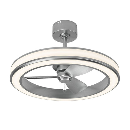 Modern ceiling fan with a metallic finish, featuring three blades inside a circular LED light ring and a cylindrical mount for attachment to the ceiling.