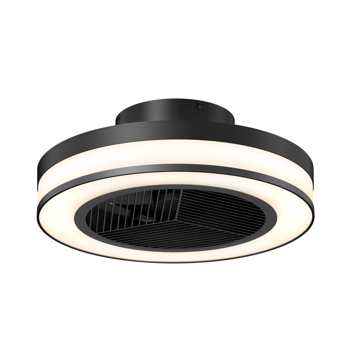 A modern black ceiling fan with integrated circular LED lighting, featuring a sleek, minimalist design and a central fan grill, set against a white background.