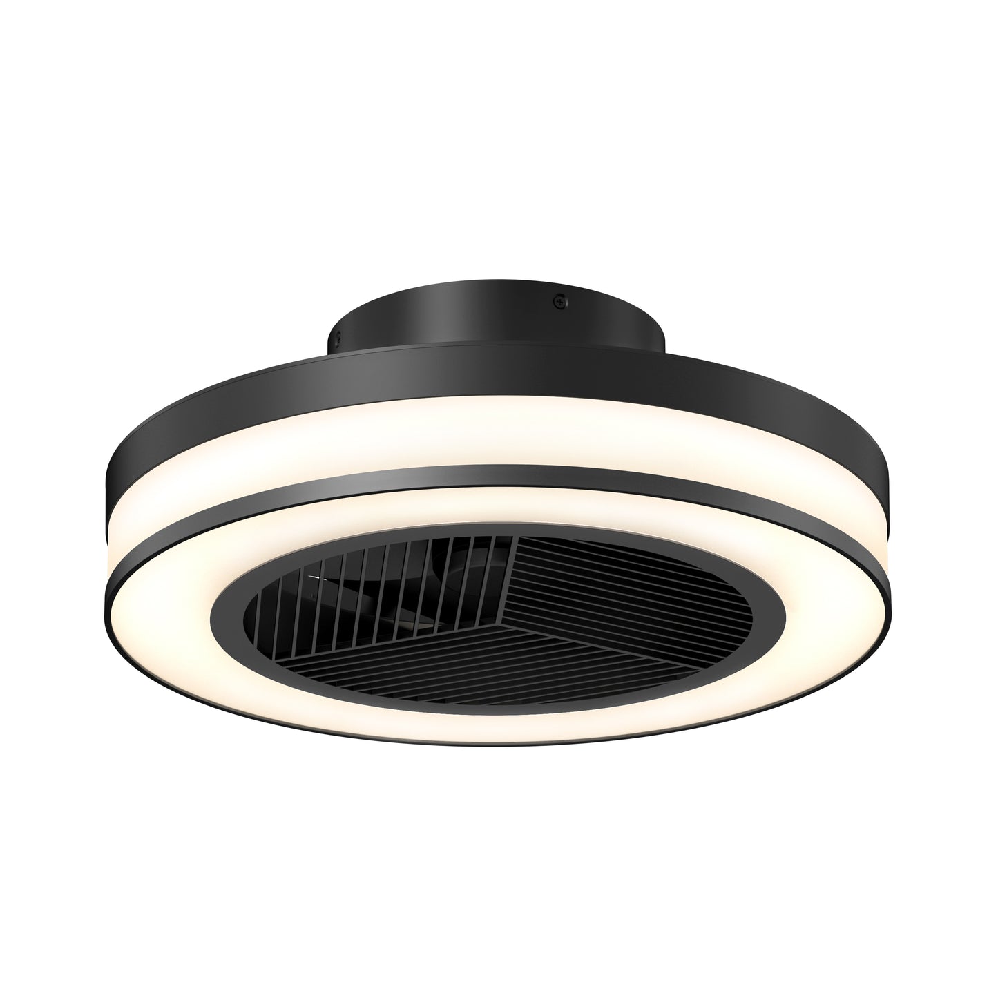 The Artika Elton 19.4 in. LED modern ceiling fan features a black finish, central black grille, and sleek circular LED light ring, with 3 speeds and remote control, shown against a white background.
