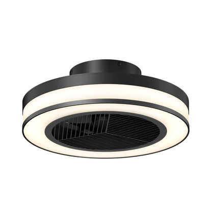 The Artika Elton 19.4 in. LED modern ceiling fan features a black finish, central black grille, and sleek circular LED light ring, with 3 speeds and remote control, shown against a white background.