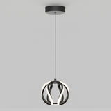 A modern pendant light with a black circular base, a thin black cord, and a spherical fixture featuring curved black bands intertwined with glowing white LED strips, suspended against a plain light gray background.