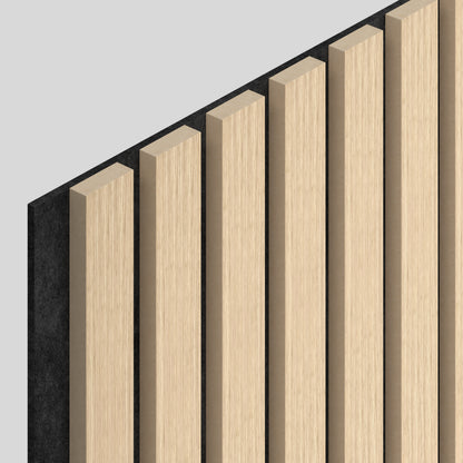 A close-up view of vertical light wood slats mounted on a dark background, forming a modern, minimalist panel design. The slats are evenly spaced and extend diagonally across the image.