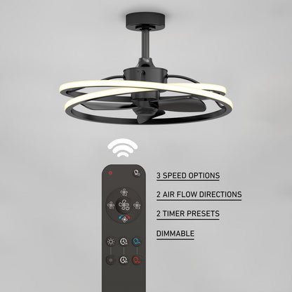 The Artika Coda 23 in. LED modern ceiling fan features circular LED lights and a remote control with speed, airflow direction, timer presets, and dimming functions. Feature highlights are displayed on a gray background.