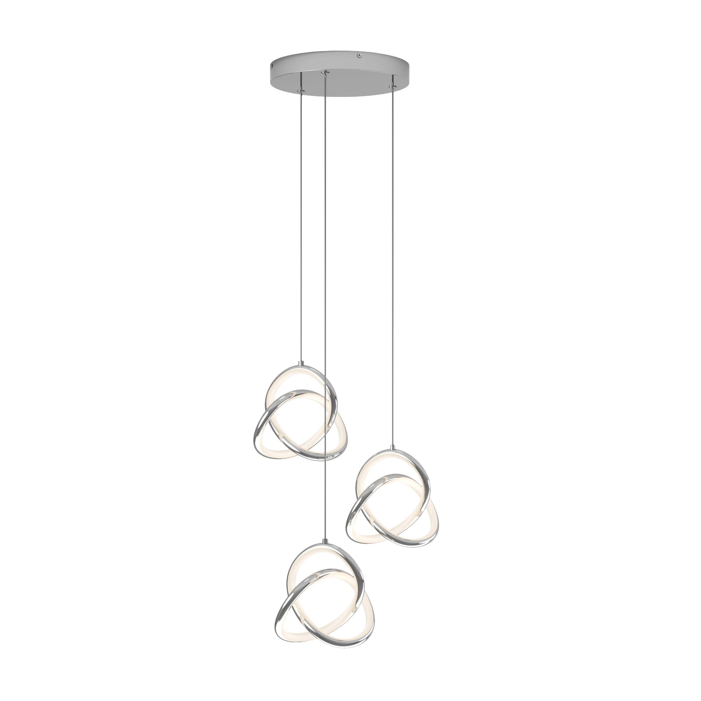 The Artika Zephyr 3-light LED pendant features three sculptural lights with interlocking metallic rings, each suspended at varying heights from a round ceiling mount for a modern look.