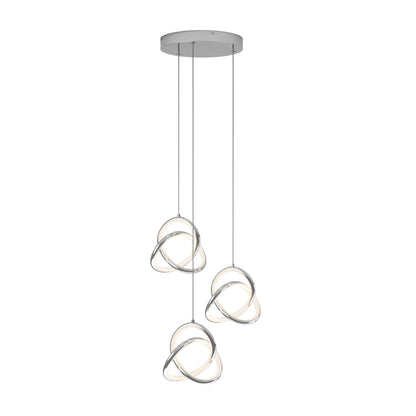 The Artika Zephyr 3-light LED pendant features three sculptural lights with interlocking metallic rings, each suspended at varying heights from a round ceiling mount for a modern look.
