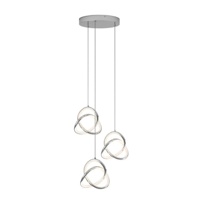 Modern pendant light fixture with three intertwined, silver metal loops, each forming a globe shape. The lights hang from a round ceiling mount at different lengths, creating a contemporary, artistic design.