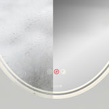 A round mirror split in half vertically; the left side is foggy with water droplets, while the right side is clear. Three touch buttons with icons are visible on the lower edge of the mirror.