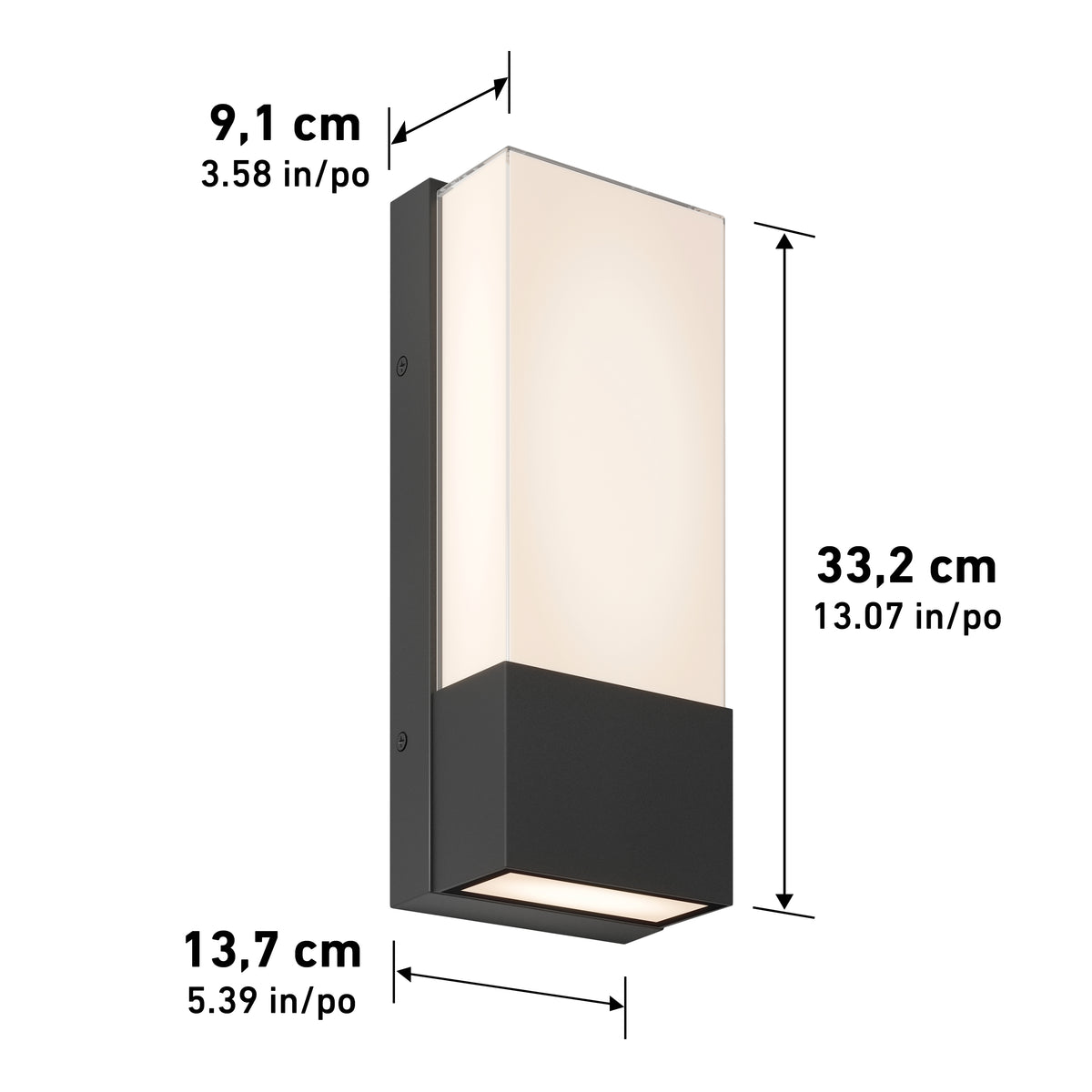 A rectangular wall light with a black base and frosted white cover. Dimensions are shown: height 33.2 cm (13.07 in), width 13.7 cm (5.39 in), and depth 9.1 cm (3.58 in).