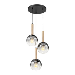The Artika Ardel Spiral 3-Light Pendant features three glass globes suspended by black cords with wood accents above each, all mounted on a round black ceiling plate. Bulbs not included.
