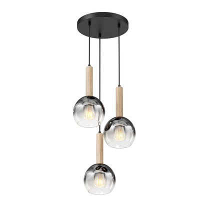 The Artika Ardel Spiral 3-Light Pendant features three glass globes suspended by black cords with wood accents above each, all mounted on a round black ceiling plate. Bulbs not included.