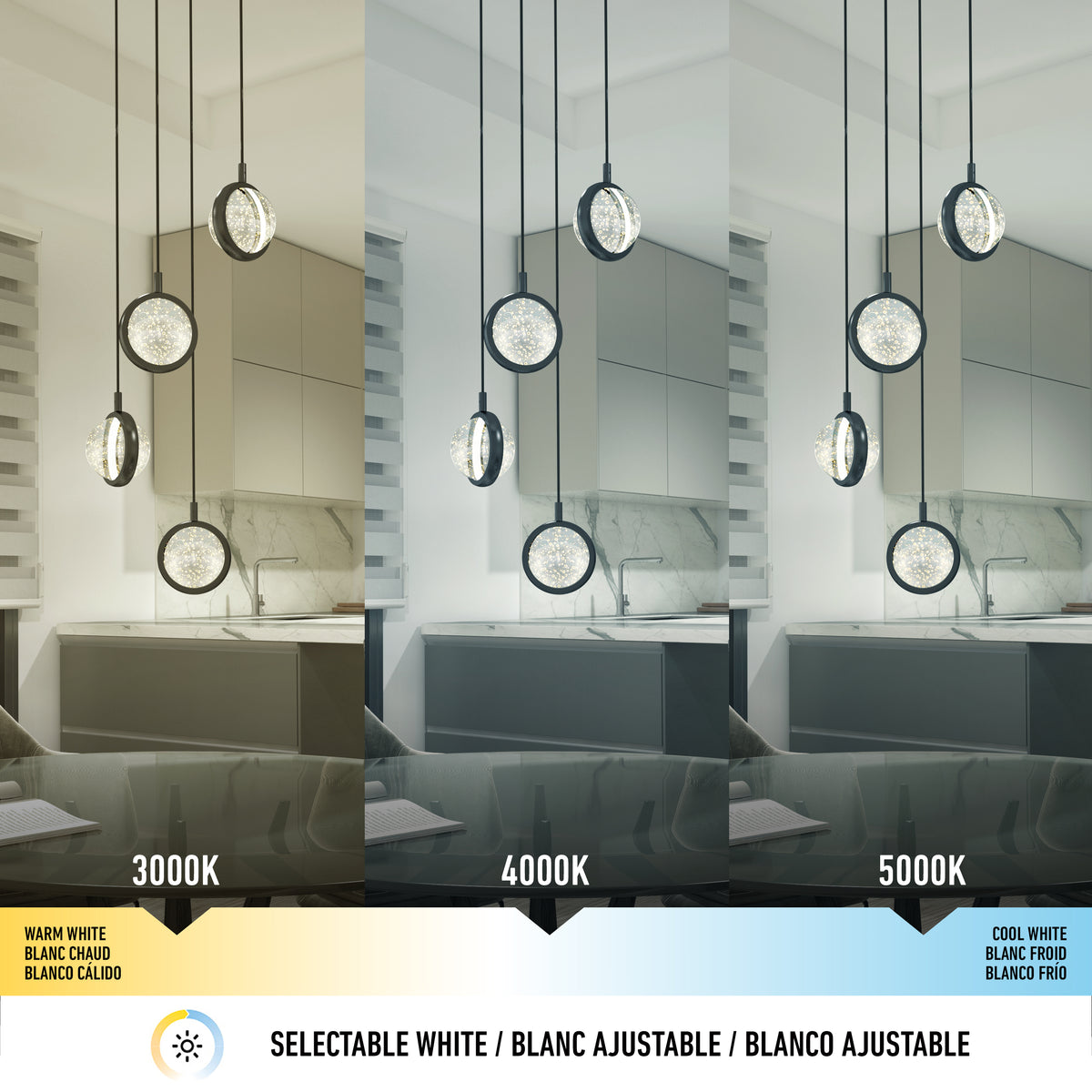 Three images show the same modern kitchen with pendant lights at different color temperatures: 3000K (warm white), 4000K (neutral white), and 5000K (cool white). Text highlights selectable white lighting.