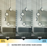 Three images show the same modern kitchen with pendant lights at different color temperatures: 3000K (warm white), 4000K (neutral white), and 5000K (cool white). Text highlights selectable white lighting.