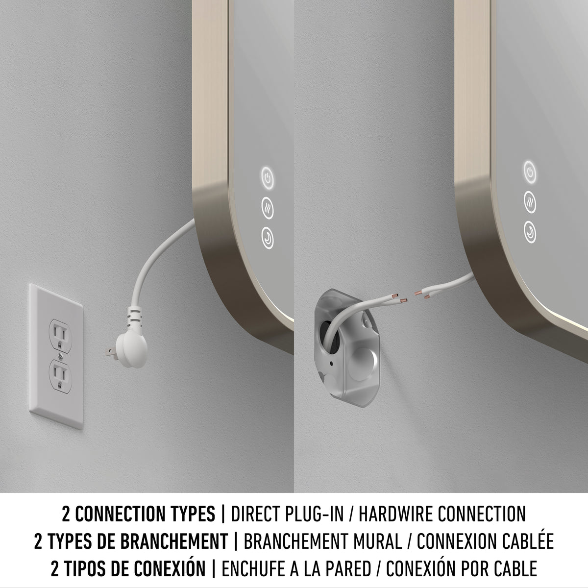 Side-by-side images show the Artika Royce Dimmable LED Mirror (3 CCT, horizontal/vertical mount) installed via plug or hardwire. The mirror offers adjustable brightness and an optional defogger for extra convenience.