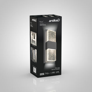 A product box for Artikas Mazza Bubble indoor-outdoor LED wall light shows front and side views of the modern rectangular fixture with sparkling crystal accents, all set against a gray background.