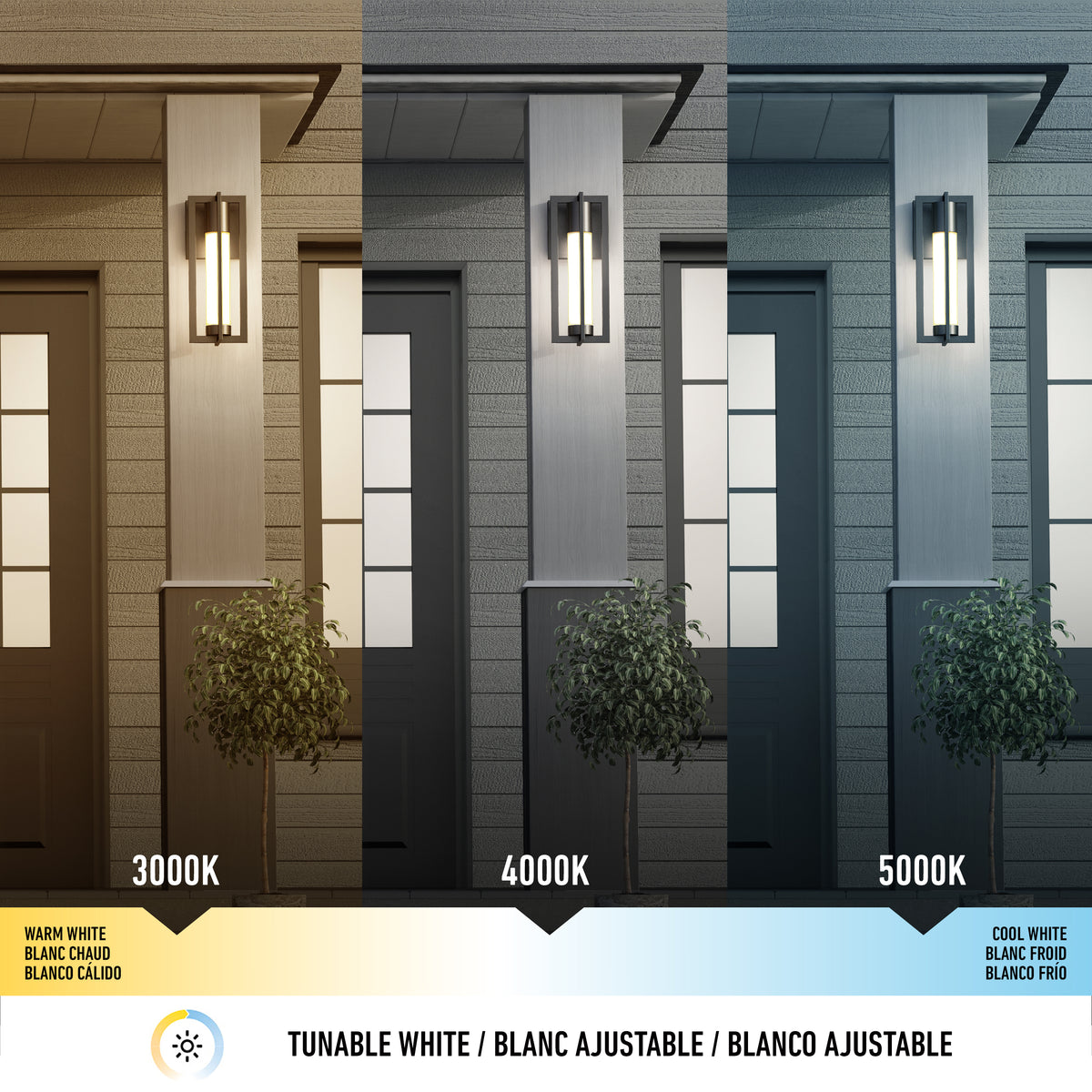 Side-by-side comparison of exterior lighting at 3000K (warm white), 4000K (neutral), and 5000K (cool white) on a house entrance, showing color differences on the wall, door, lamp, and small bush.