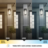 Side-by-side comparison of exterior lighting at 3000K (warm white), 4000K (neutral), and 5000K (cool white) on a house entrance, showing color differences on the wall, door, lamp, and small bush.