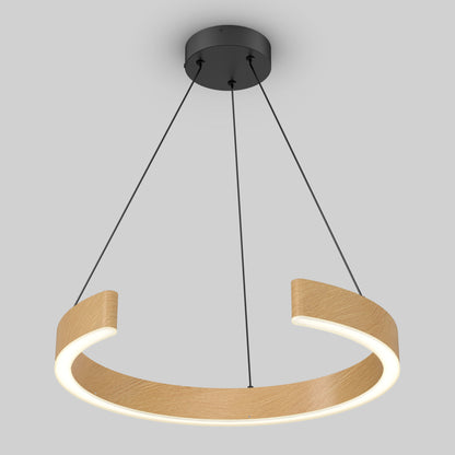 The Vance modern LED pendant light 3 CCT by Artika-CAN-dev features a circular, partially open wooden ring on black cables and base, offering adjustable white light from the inner edge—an elegant, refined ambient lighting solution.