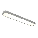A modern, rectangular LED ceiling light fixture with rounded edges and a silver frame, glowing brightly against a white background.