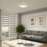 A modern living room with a gray sofa, two round black coffee tables, a potted green plant, large window blinds, framed abstract art on the wall, and a circular ceiling light.