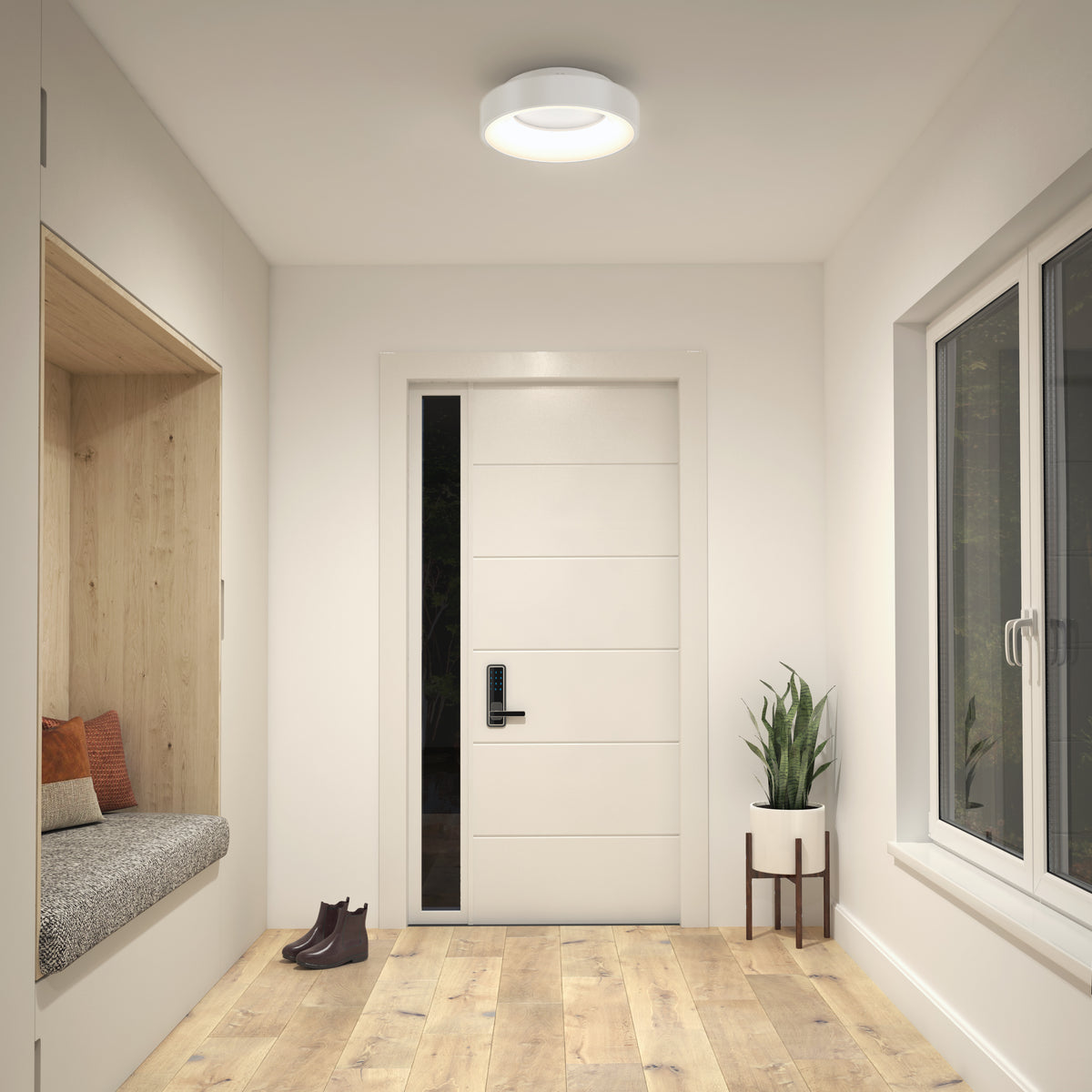 Minimalist entryway with a white modern front door, light wood floor, a built-in bench with cushions, a pair of brown shoes, a potted plant on a stand, large windows, and a round ceiling light.
