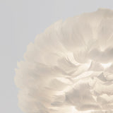 A close-up of a white feathered lampshade, softly illuminated from within, against a light grey background. The feathers create a delicate, layered texture.