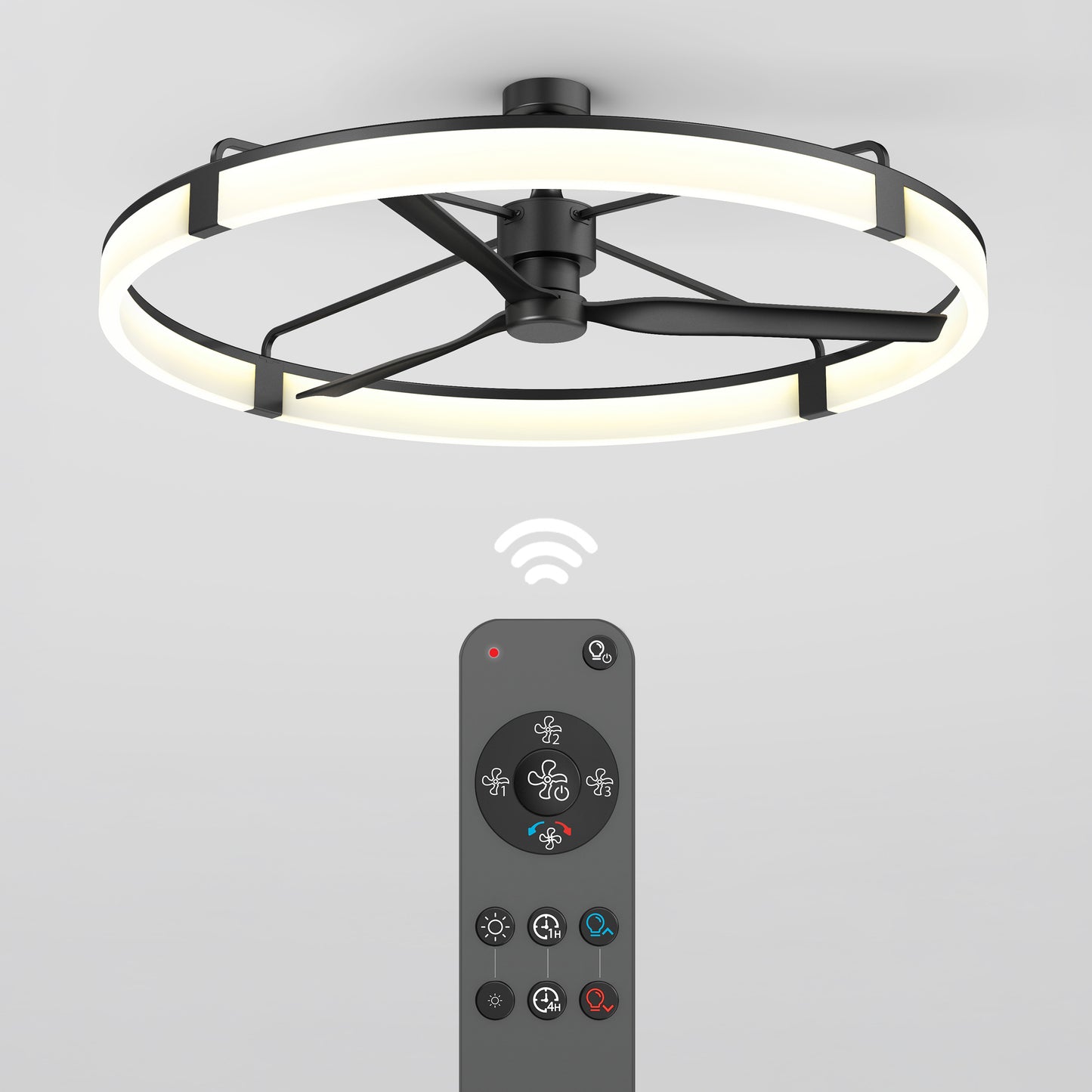 Artika Sunnyvale 52 in. LED Modern Ceiling Fan with remote, shown in black with multiple buttons and a signal icon.