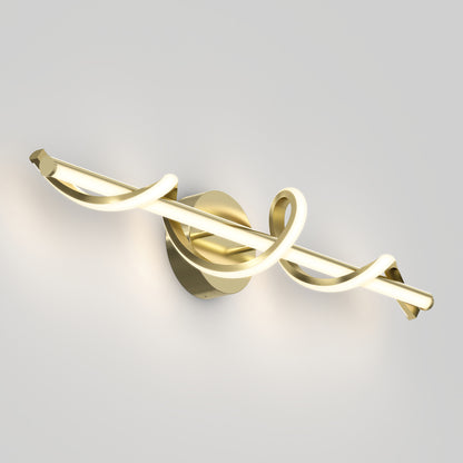 The Coda modern LED bathroom vanity light 5 CCT by Artika features a gold base and a twisted, looped LED tube design, displayed against a plain white background.