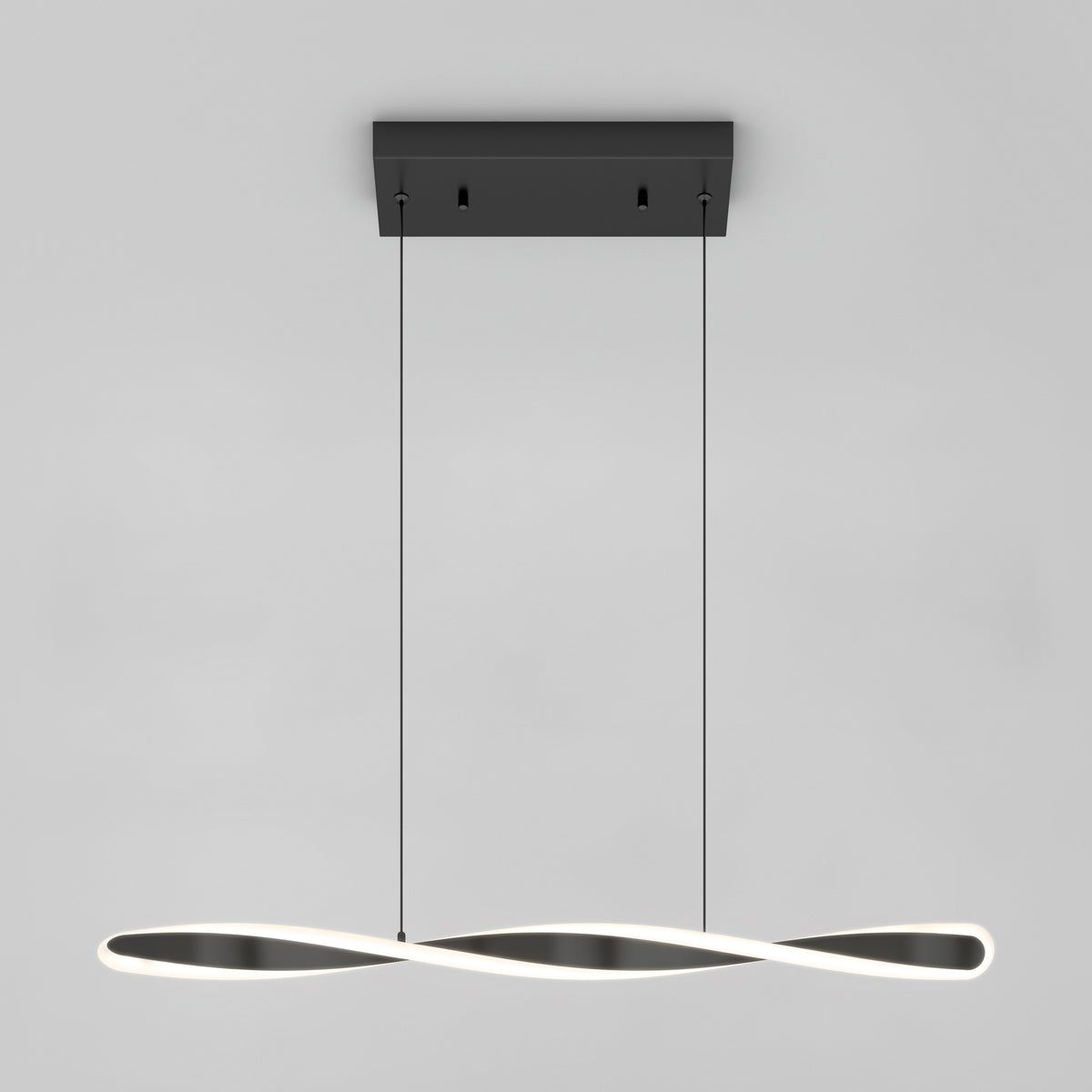 A modern ceiling pendant light with a twisted, continuous, ribbon-like LED design hangs from a rectangular black mount by two thin wires against a plain, light gray background.