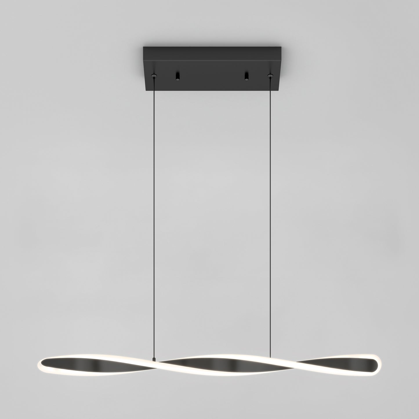 The Artika Finley Linear LED pendant light 3 CCT features a modern, minimalist twisted wave design, suspended by two thin black cords from a rectangular black ceiling mount, set against a plain light gray background.