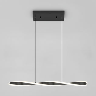 The Artika Finley Linear LED pendant light 3 CCT features a twisted, ribbon-like design suspended by two cables from a black rectangular base, presented against a plain gray background.