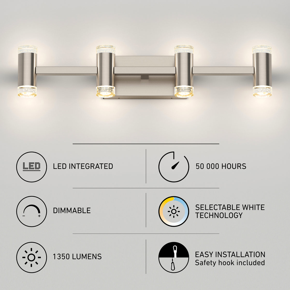 The Artika Mist modern LED bathroom vanity light 5 CCT is shown above five icons highlighting its features: integrated LED, dimmable, 1350 lumens, 50,000-hour lifespan, adjustable color temperature, and easy installation.