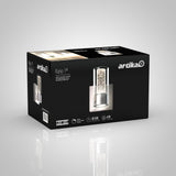 A black Artika product box featuring the Ratio 1 LED wall sconce. The box shows images and specs of the modern light fixture, including 50,000-hour lifespan and 450 lumens.