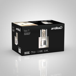 Black rectangular Artika box with image of Essence 1-light LED bathroom vanity light, product details, icons, and white side text.