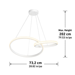 The Artika Mora 28" LED Pendant features two overlapping circular rings in a modern white design. Suspended by cables, it measures 73.2 cm wide with a max height of 202 cm and offers adjustable color temperature (5CCT).