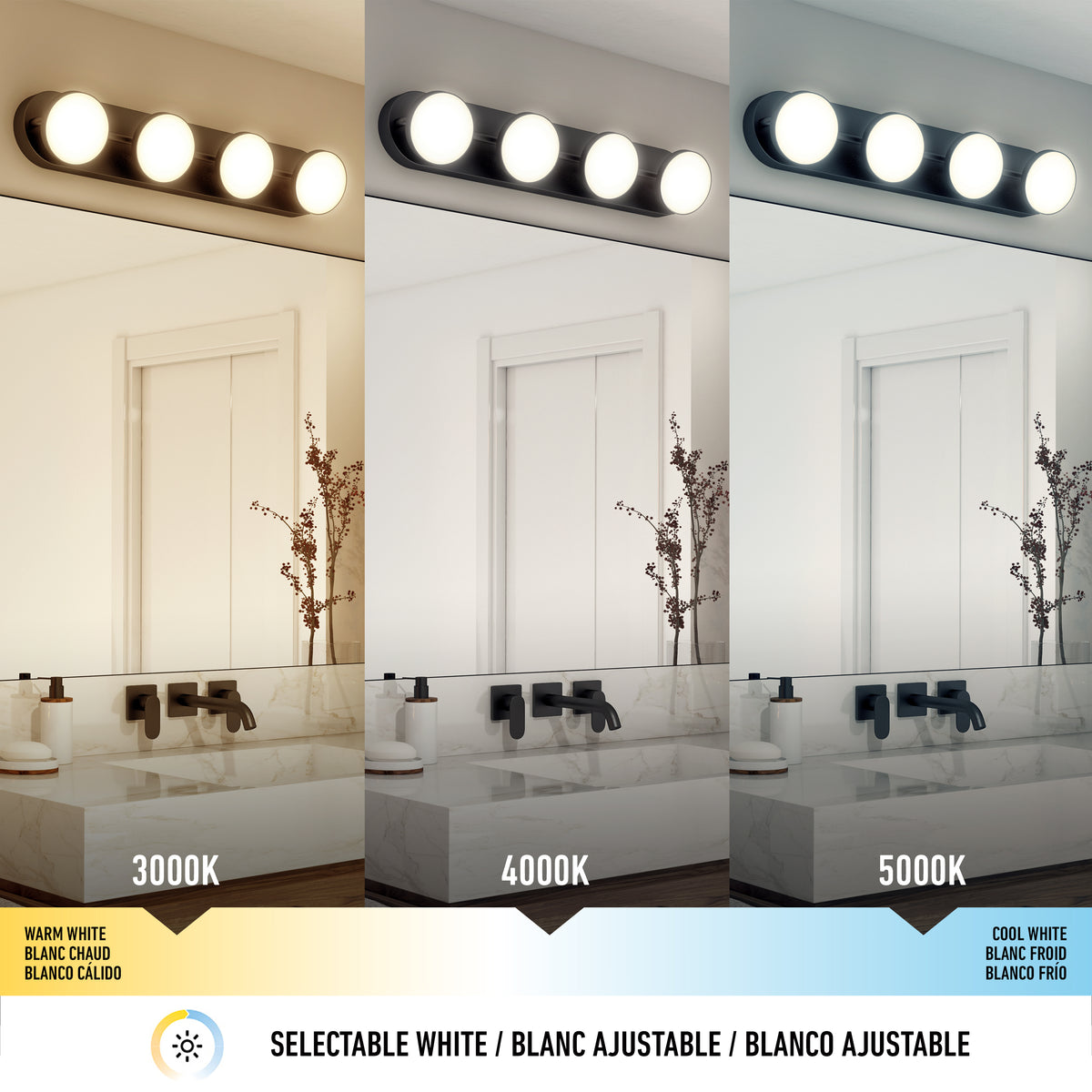 A bathroom vanity with three different lighting temperatures: warm white (3000K), neutral white (4000K), and cool white (5000K). The mirror and decor appear under each type of adjustable LED light.