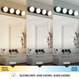 A bathroom vanity with three different lighting temperatures: warm white (3000K), neutral white (4000K), and cool white (5000K). The mirror and decor appear under each type of adjustable LED light.