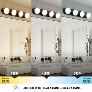 Three Artika Santori 27-in LED vanity lights in matte black, with 3000K/4000K/5000K CCT, illuminate above a modern bathroom sink.