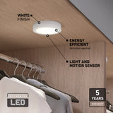 A white LED ceiling light with motion sensor is mounted in a wooden closet above hanging clothes. Text highlights its white finish, energy efficiency, light and motion sensor, and a 5-year warranty.