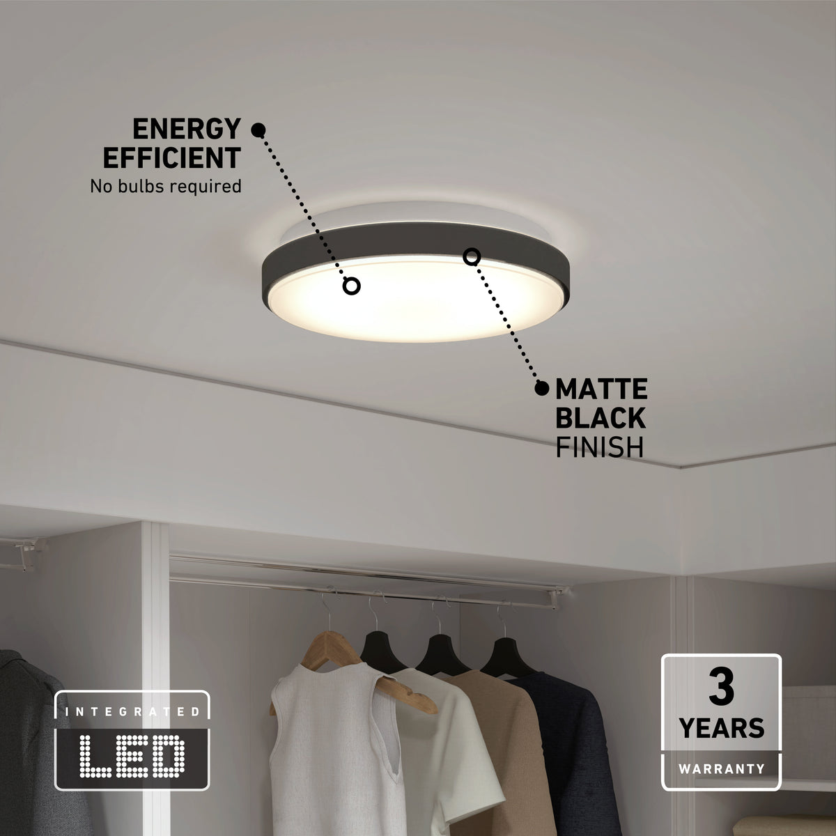A round, matte black LED ceiling light is mounted above a closet with hanging clothes. Text highlights its energy efficiency, integrated LED, matte black finish, and 3-year warranty.